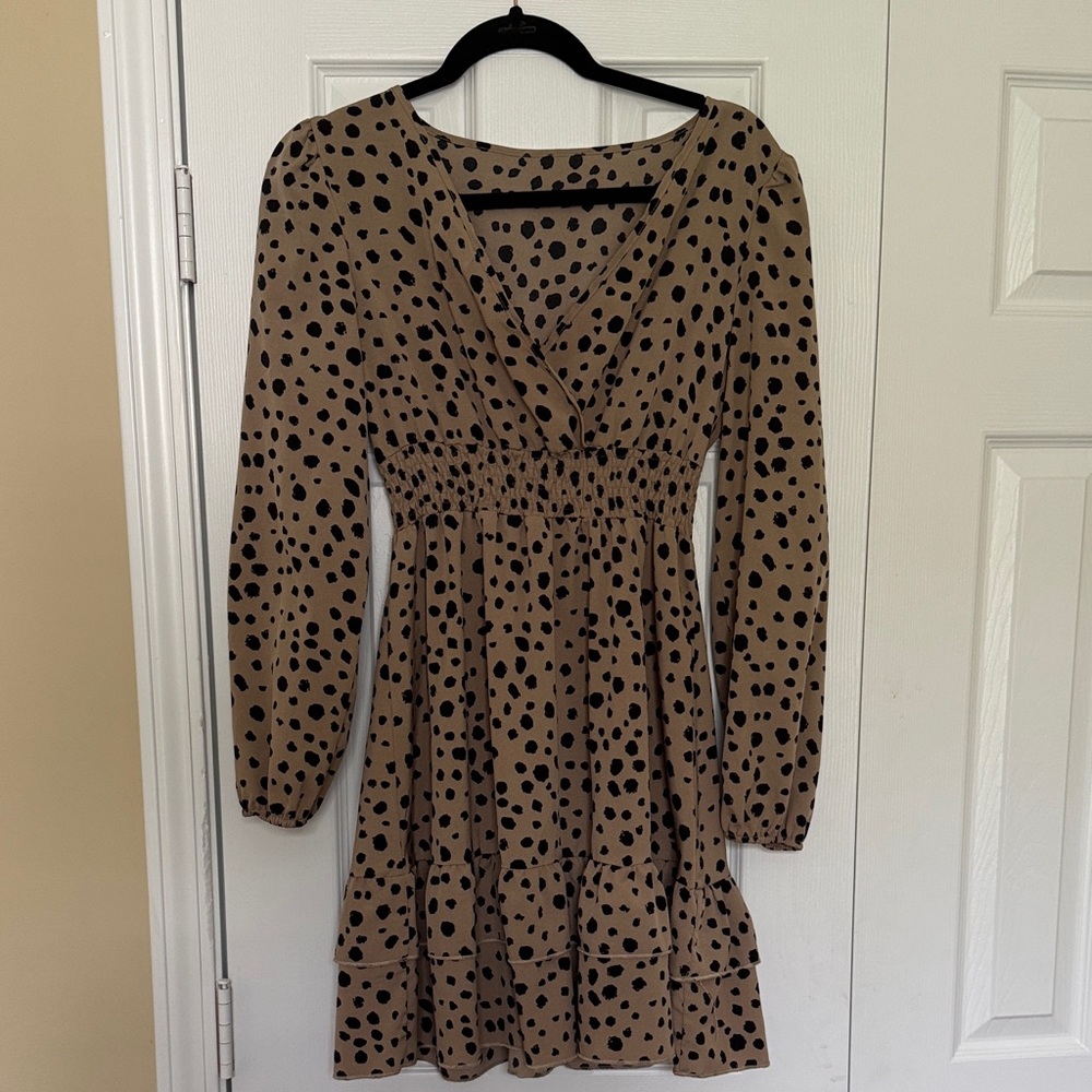 SHEIN Brown Long Sleeve Dress with Black Dots
